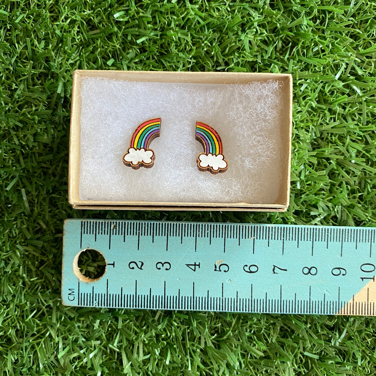 Rainbow Earrings. Itty Bitty Hand Painted Classic Rainbow and Cloud Bamboo Stud Earrings. (Classic Colour Way).