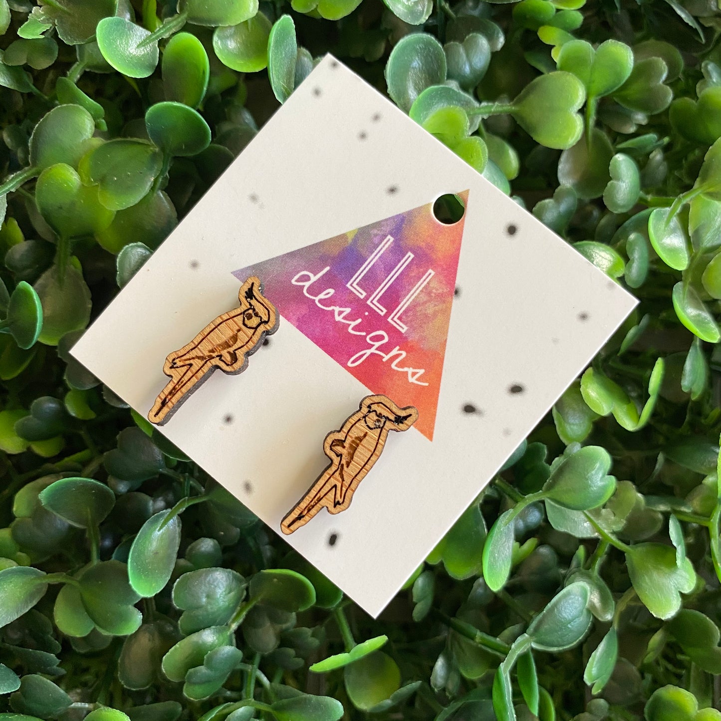 Cockatiel Earrings. Super Cute Little Laser Etched Cockatiel Bamboo Stud Earrings.
