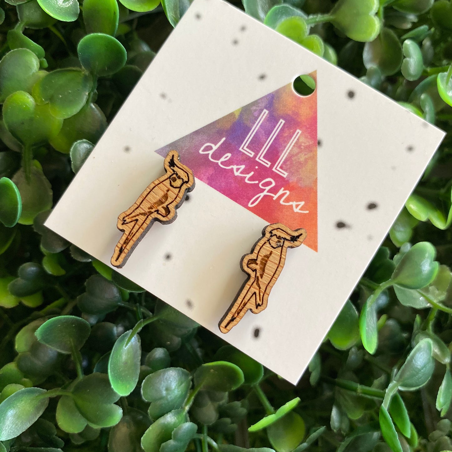 Cockatiel Earrings. Super Cute Little Laser Etched Cockatiel Bamboo Stud Earrings.