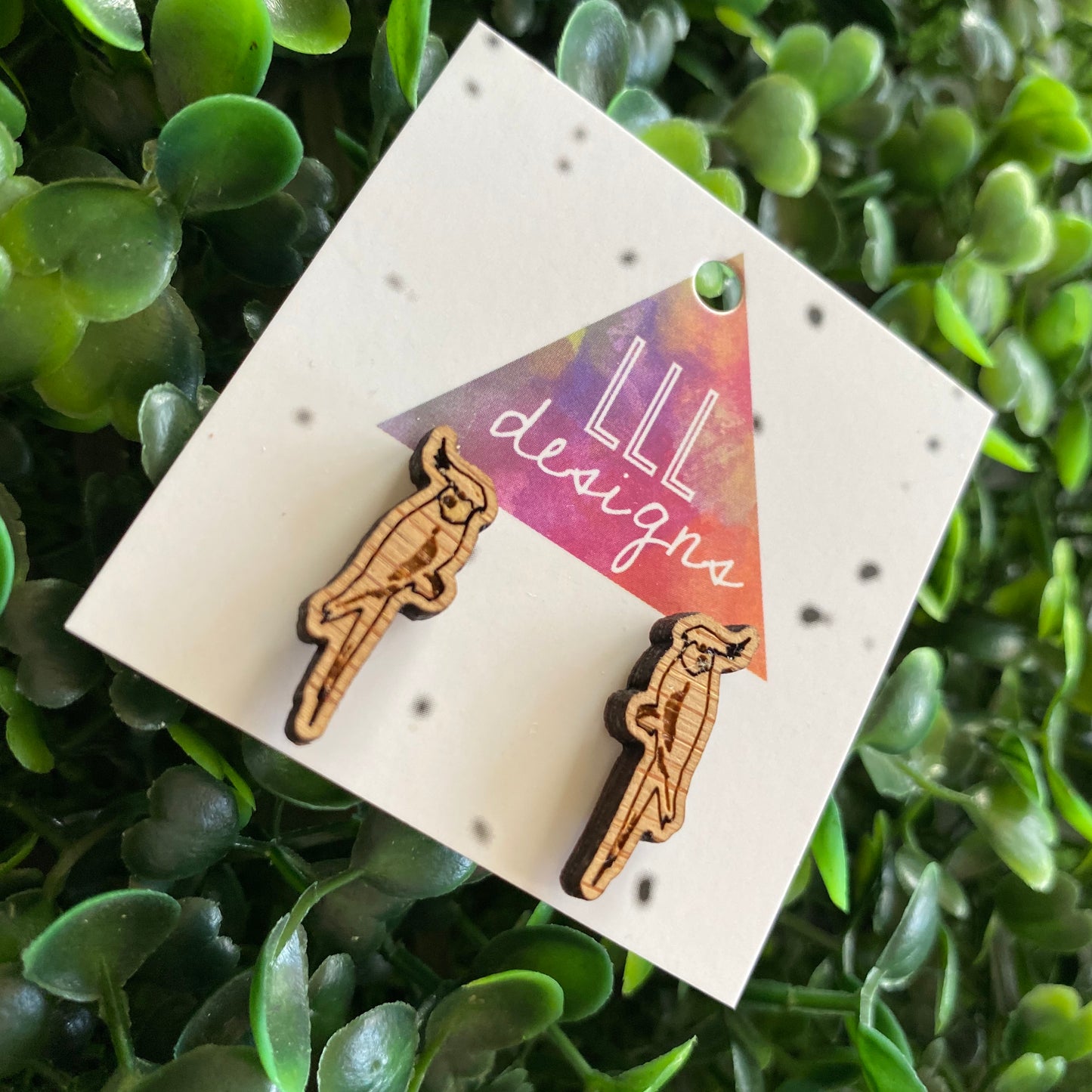 Cockatiel Earrings. Super Cute Little Laser Etched Cockatiel Bamboo Stud Earrings.