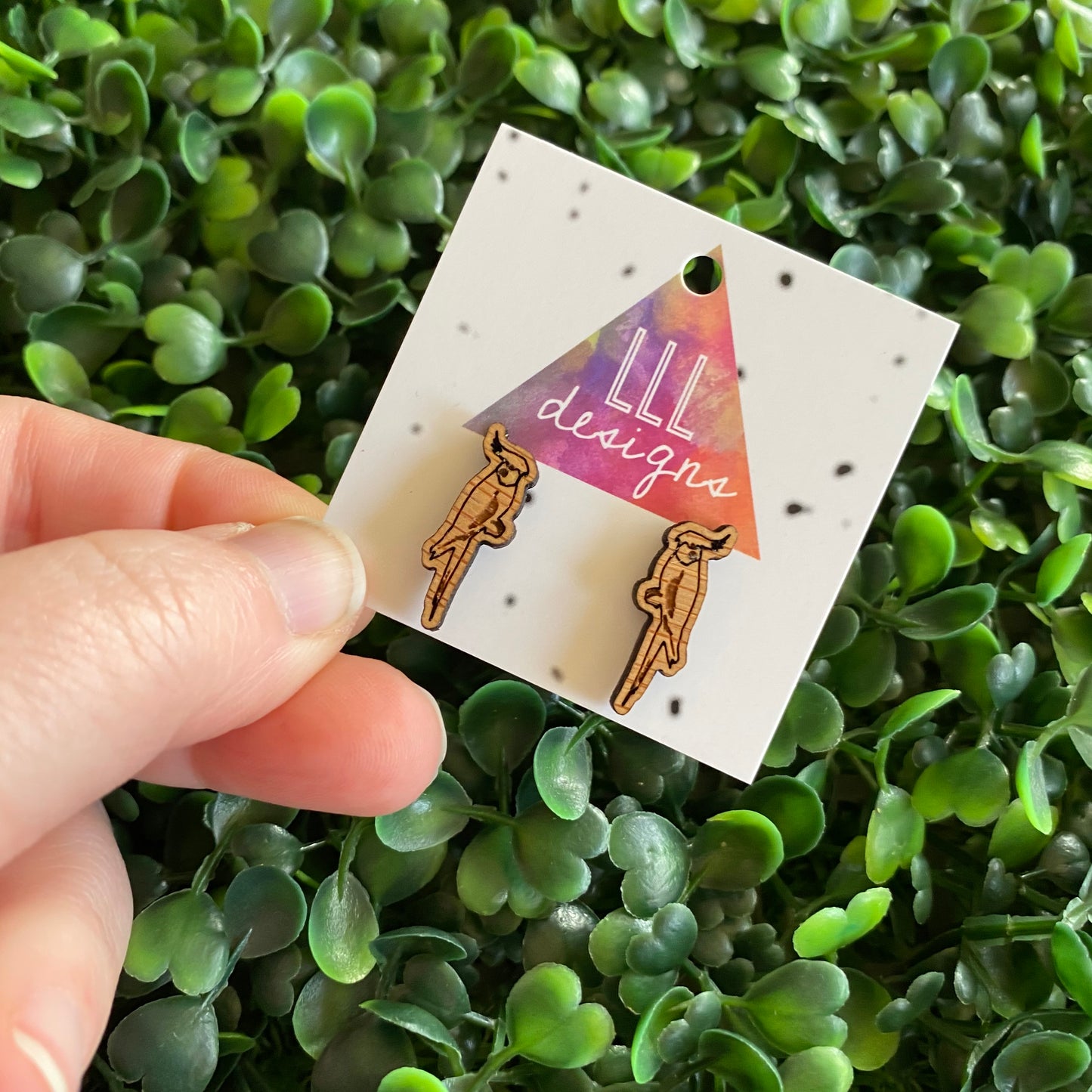 Cockatiel Earrings. Super Cute Little Laser Etched Cockatiel Bamboo Stud Earrings.