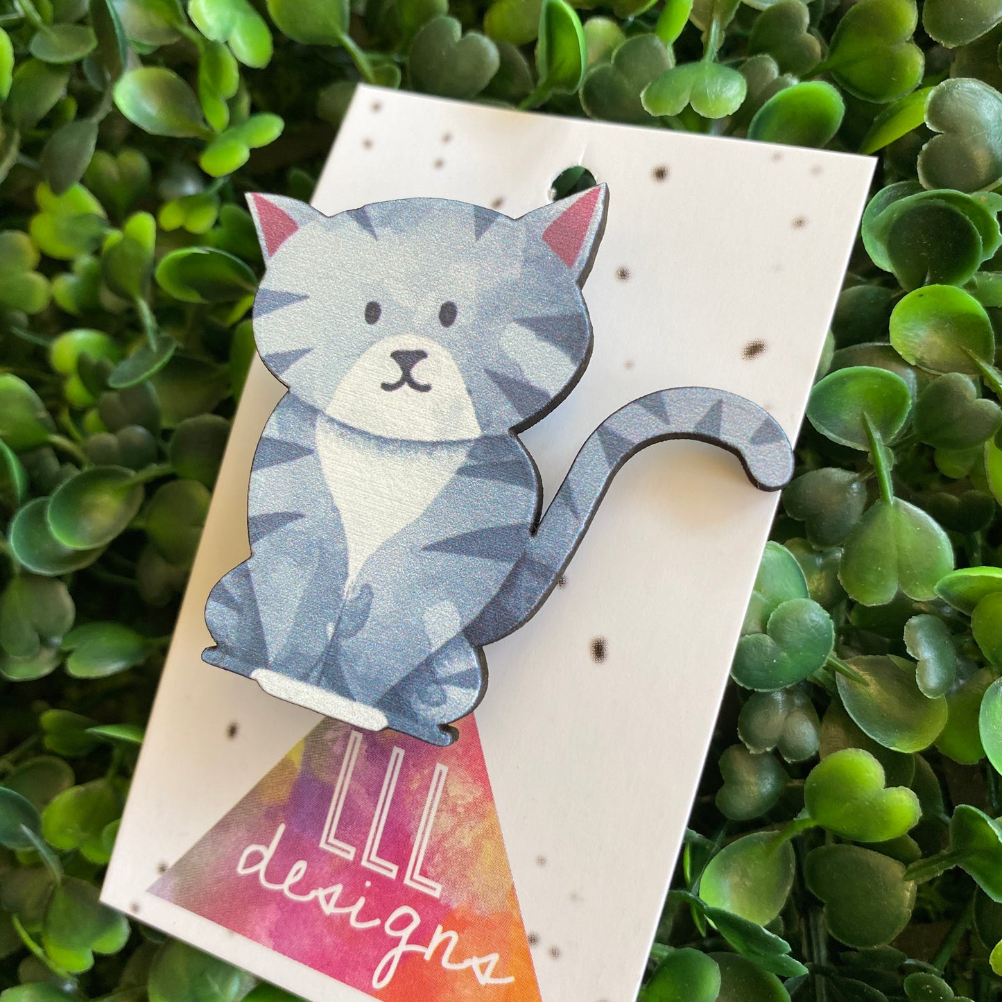 Cat Brooch. Super Cute Grey Printed Timber Kitty Cat Brooch.
