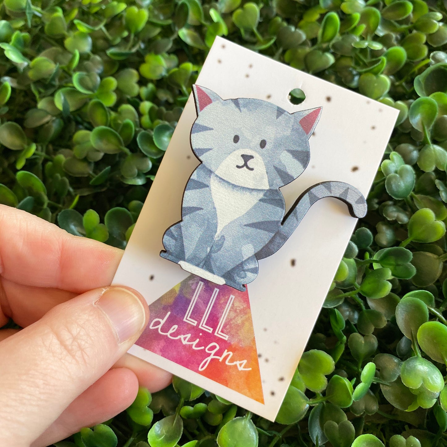 Cat Brooch. Super Cute Grey Printed Timber Kitty Cat Brooch.