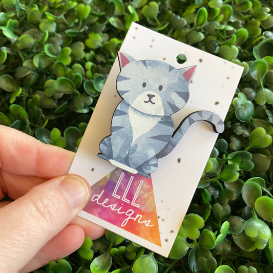 Cat Brooch. Super Cute Grey Printed Timber Kitty Cat Brooch.