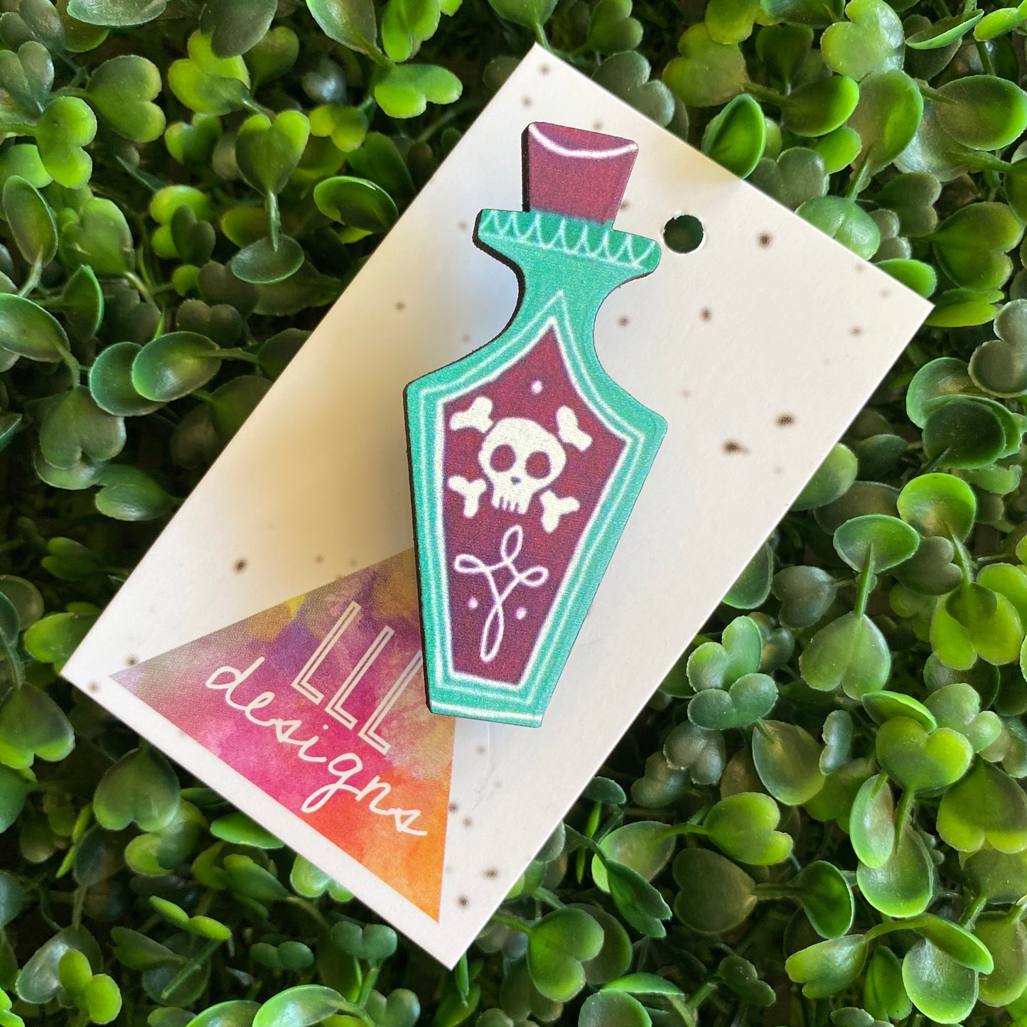 Poison Brooch. Quirky and Fun Poison Bottle Printed Timber Brooch.