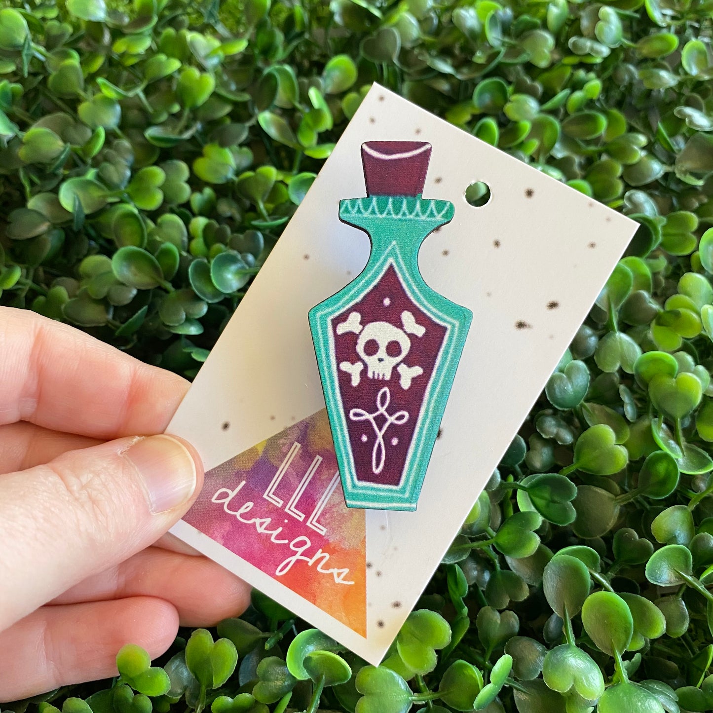 Poison Brooch. Quirky and Fun Poison Bottle Printed Timber Brooch.