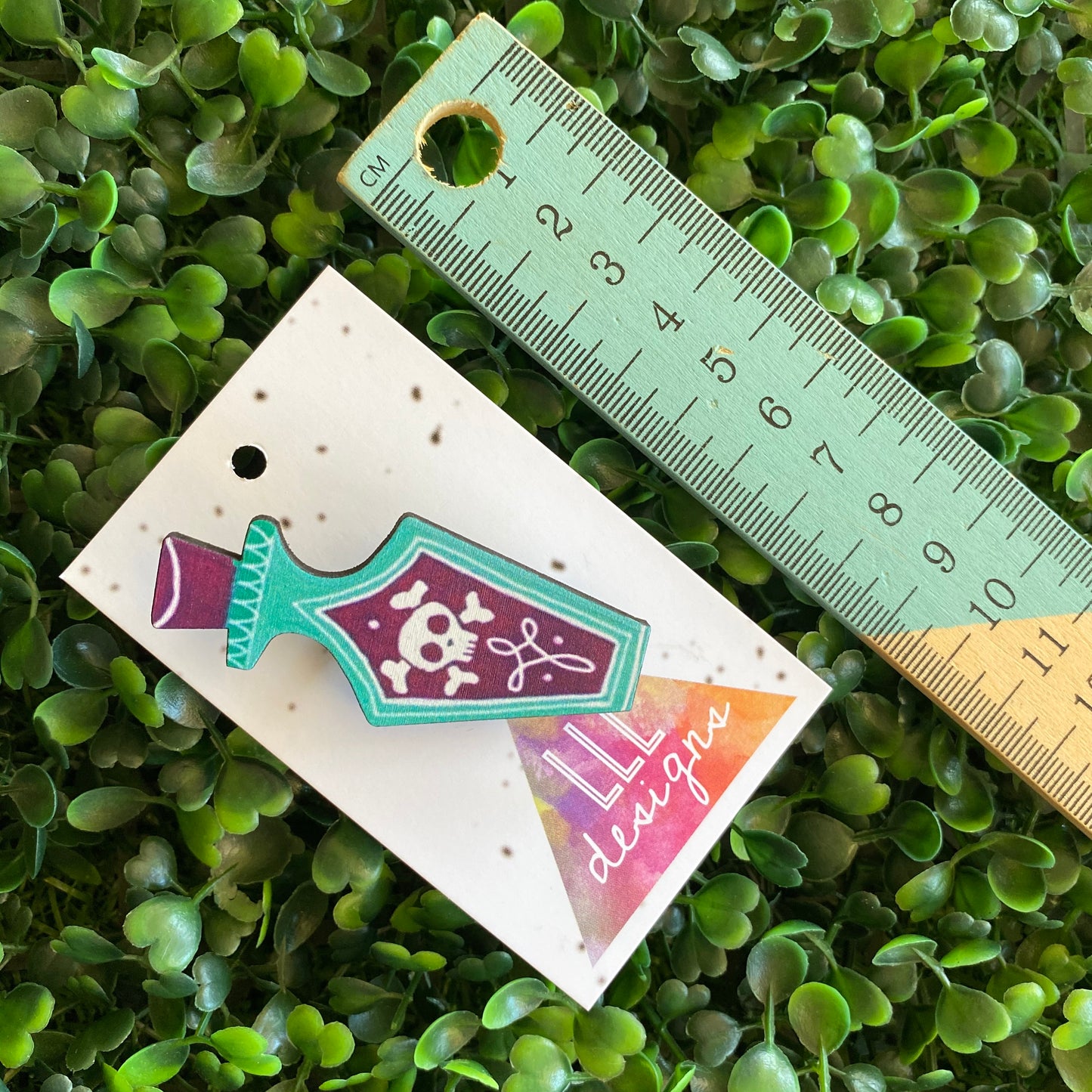 Poison Brooch. Quirky and Fun Poison Bottle Printed Timber Brooch.