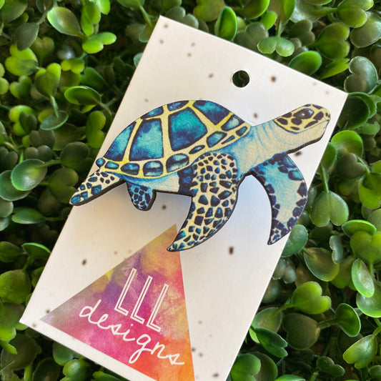 Turtle Brooch. Stunning Detailed Sea Turtle Printed Timber Brooch.