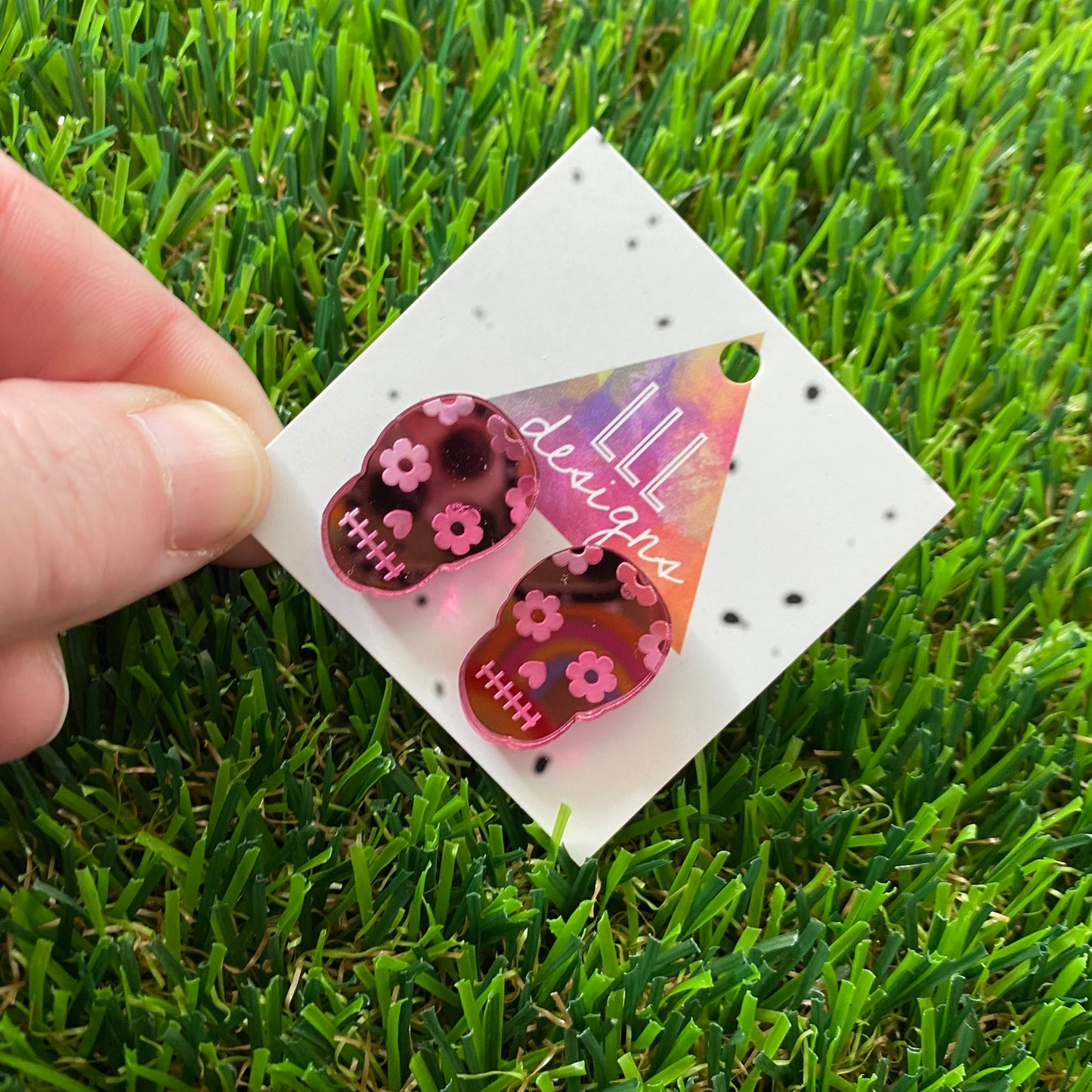 Sugar Skull Stud Earrings - Pink Mirror Sugar Skull Stud Earrings. Large Size