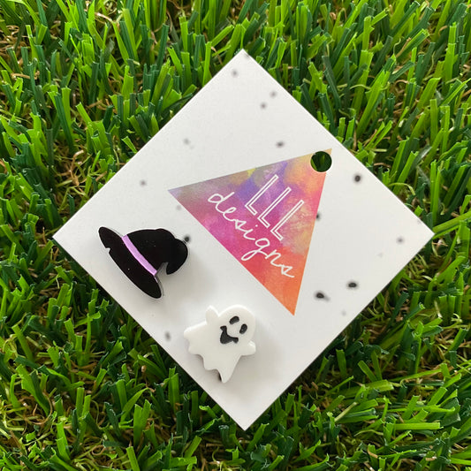 Hand Painted Witch's Hat and Ghost Stud Earrings - A Halloween Delight!