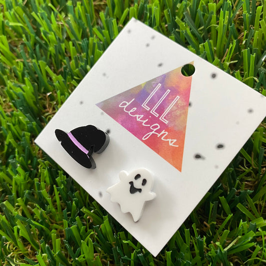 Hand Painted Witch's Hat and Ghost Stud Earrings - A Halloween Delight!