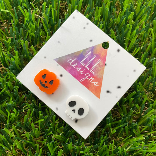 Hand Painted Pumpkin/Jack O Lantern with Skull Stud Earrings - Halloween Fun!