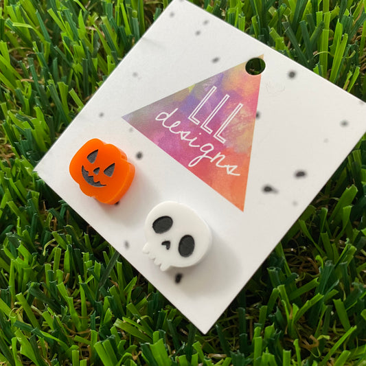 Hand Painted Pumpkin/Jack O Lantern with Skull Stud Earrings - Halloween Fun!