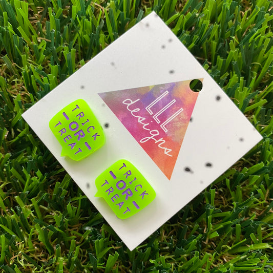 Hand Painted Trick or Treat Speech Bubble Stud Earrings - Neon Green with Fabulous Purple Writing.