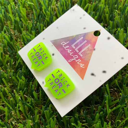 Hand Painted Trick or Treat Speech Bubble Stud Earrings - Neon Green with Fabulous Purple Writing.