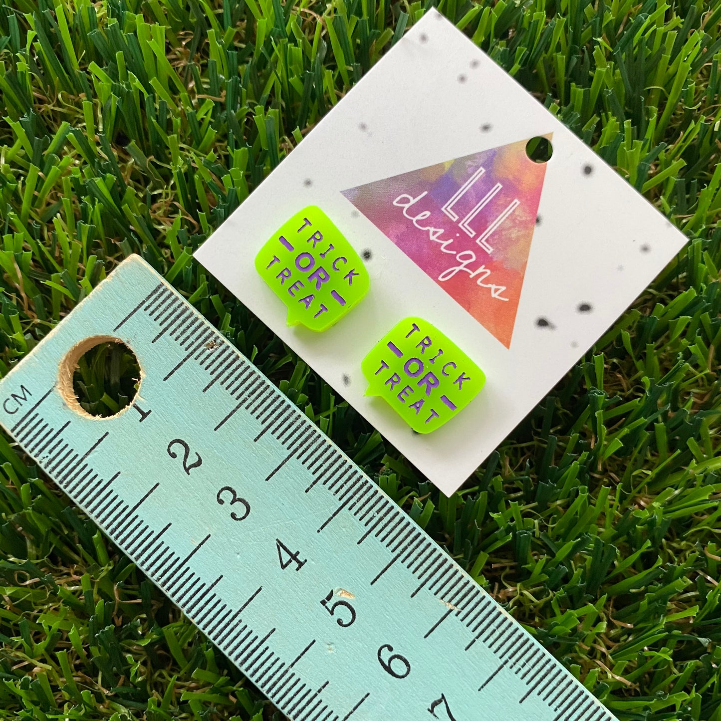 Hand Painted Trick or Treat Speech Bubble Stud Earrings - Neon Green with Fabulous Purple Writing.