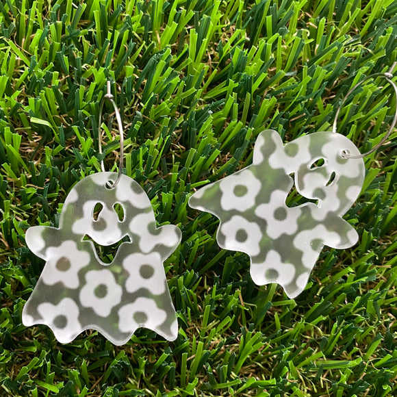 Frosty Floral Ghost Hoop Dangle Earrings - Happy Little Ghosties :)