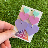 Pretty in Pastel Love Heart Trio Dangle Statement Earrings. These Babes are Perfection in Pastel! Featuring 3 Fabulous shades of Matte Pastel Acrylic.