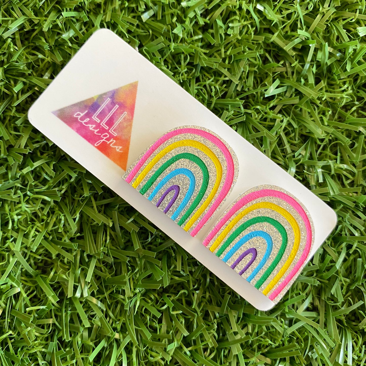 NEW SILVER GLITTER VERSION - Rainbow Earrings - Hand Painted Acrylic Cute Style Rainbow Statement Stud Earrings - A Cute Little Slice of Rainbow Heaven :)