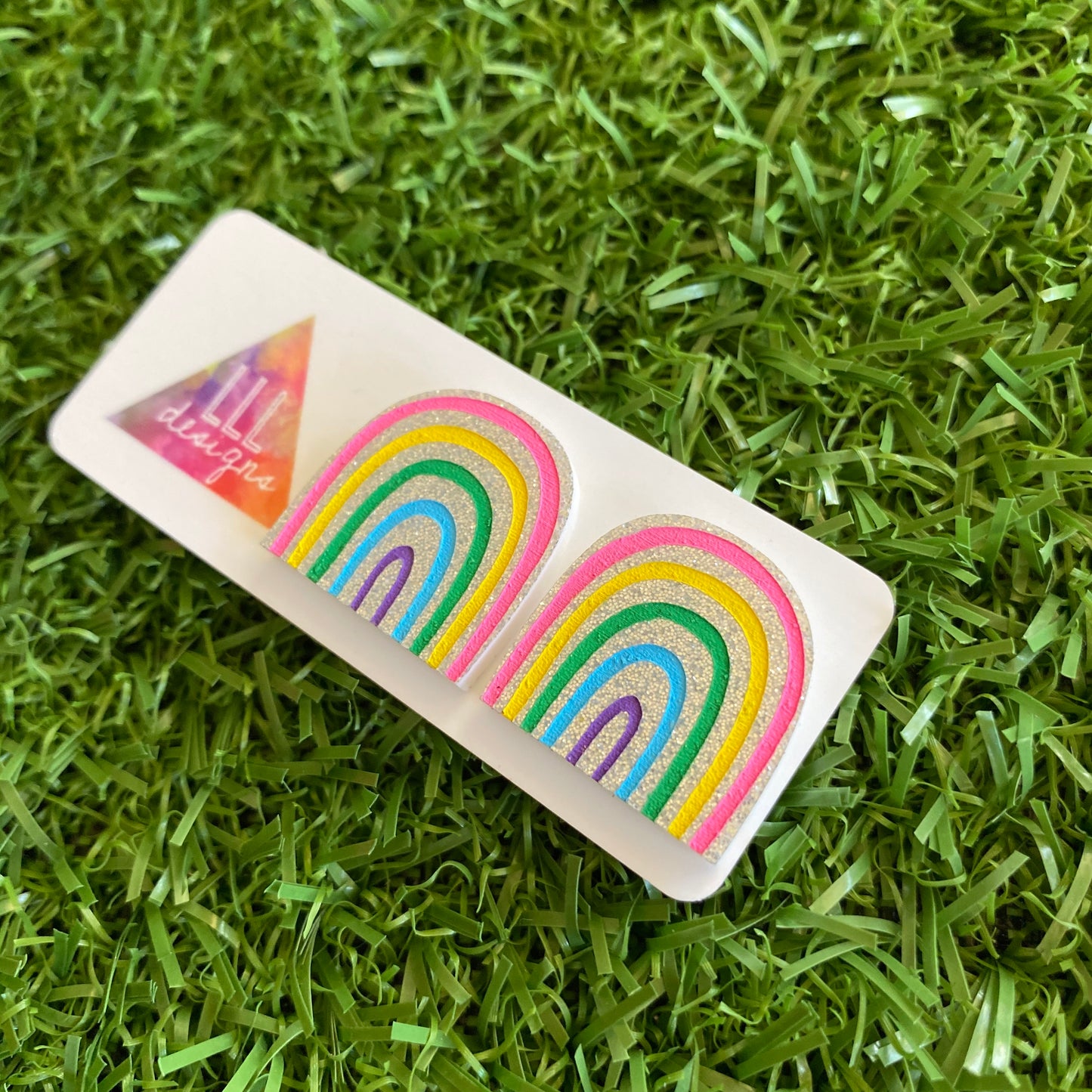 NEW SILVER GLITTER VERSION - Rainbow Earrings - Hand Painted Acrylic Cute Style Rainbow Statement Stud Earrings - A Cute Little Slice of Rainbow Heaven :)