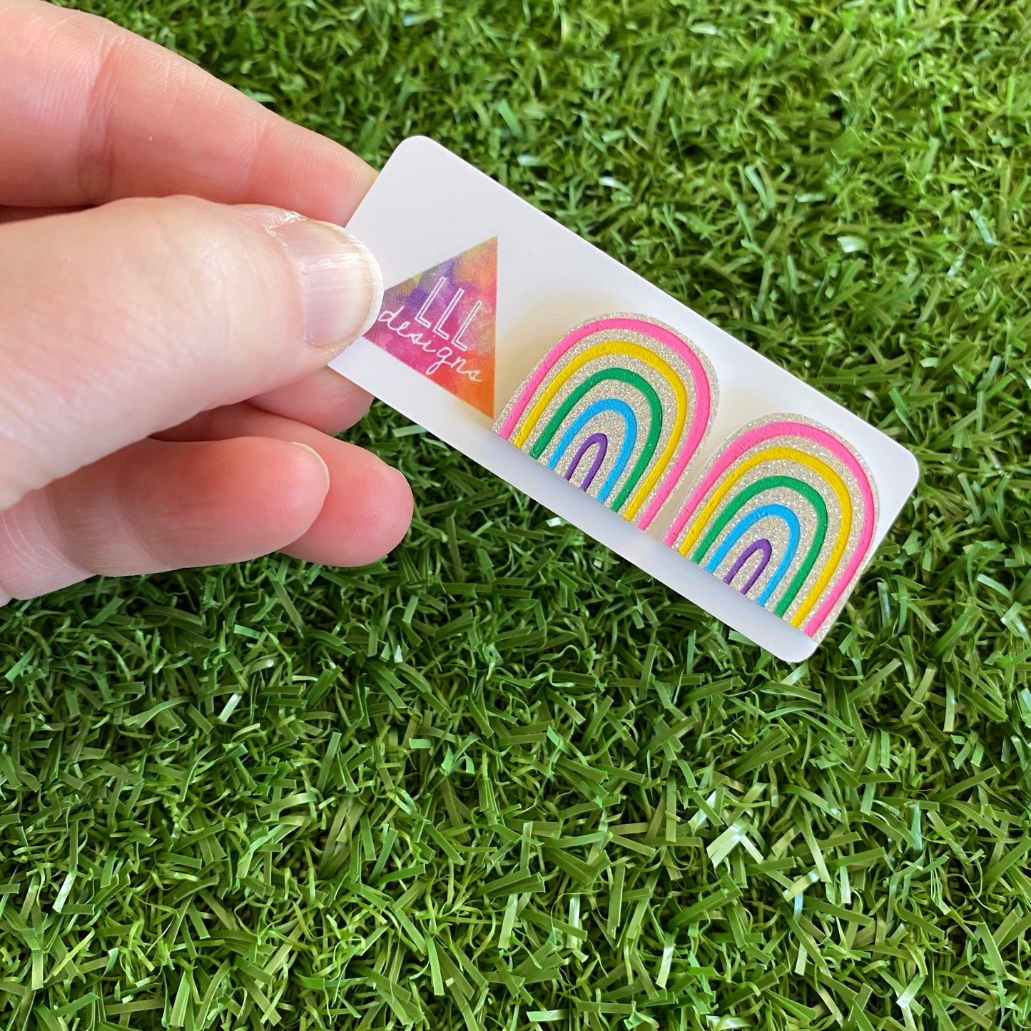 NEW SILVER GLITTER VERSION - Rainbow Earrings - Hand Painted Acrylic Cute Style Rainbow Statement Stud Earrings - A Cute Little Slice of Rainbow Heaven :)