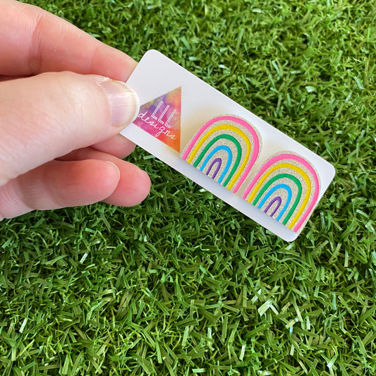 NEW SILVER GLITTER VERSION - Rainbow Earrings - Hand Painted Acrylic Cute Style Rainbow Statement Stud Earrings - A Cute Little Slice of Rainbow Heaven :)