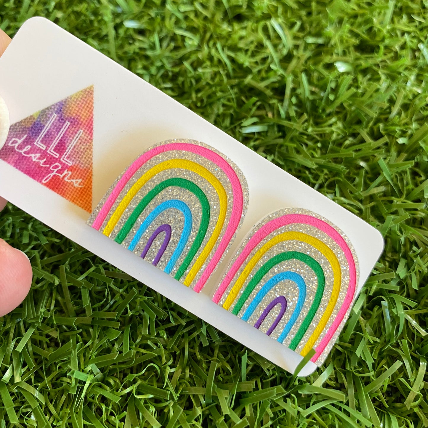NEW SILVER GLITTER VERSION - Rainbow Earrings - Hand Painted Acrylic Cute Style Rainbow Statement Stud Earrings - A Cute Little Slice of Rainbow Heaven :)