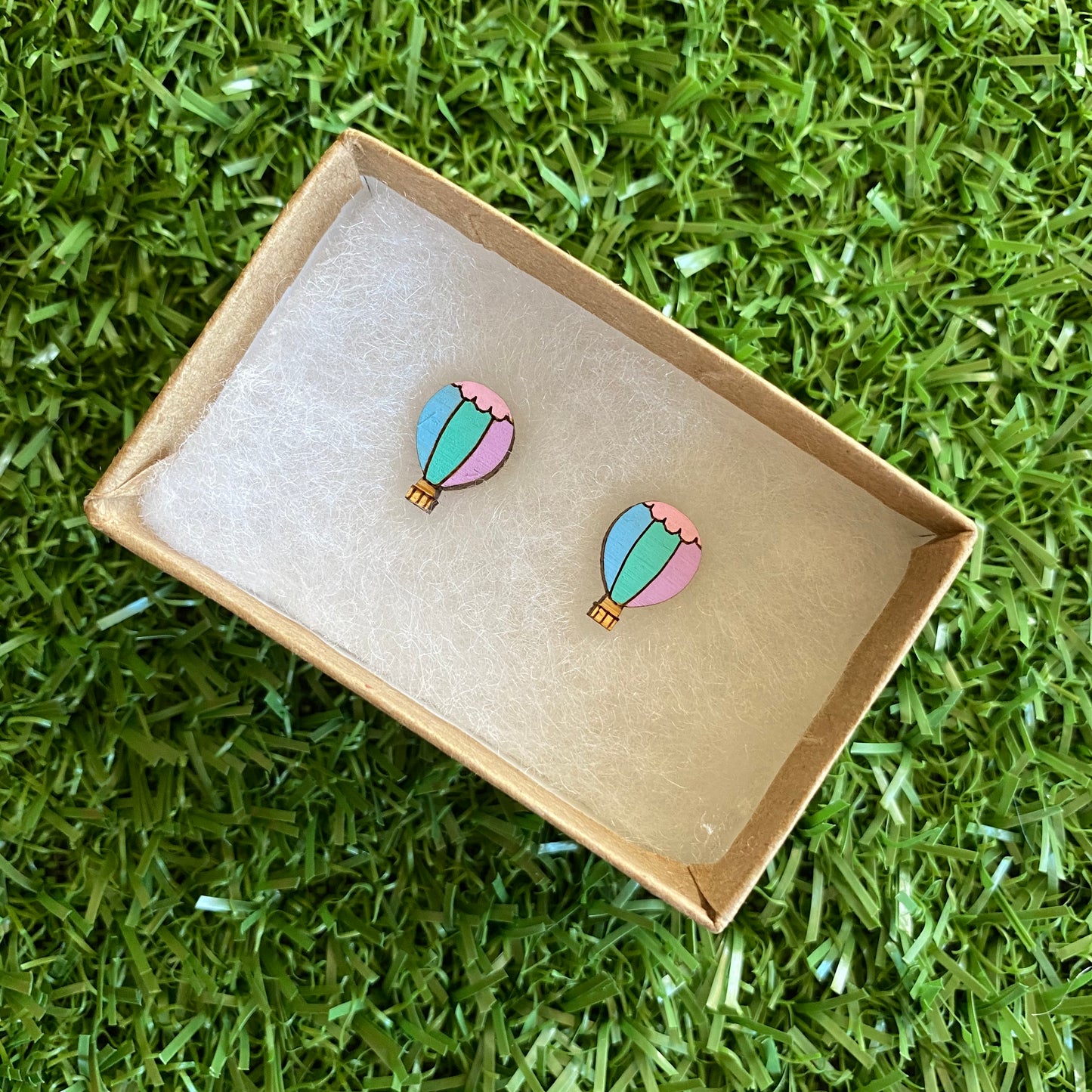 Hot Air Balloon Earrings - Itty Bitty Bamboo Hand Painted Pastel Hot Air Balloon Stud Earrings.