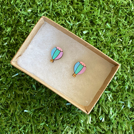 Hot Air Balloon Earrings - Itty Bitty Bamboo Hand Painted Pastel Hot Air Balloon Stud Earrings.