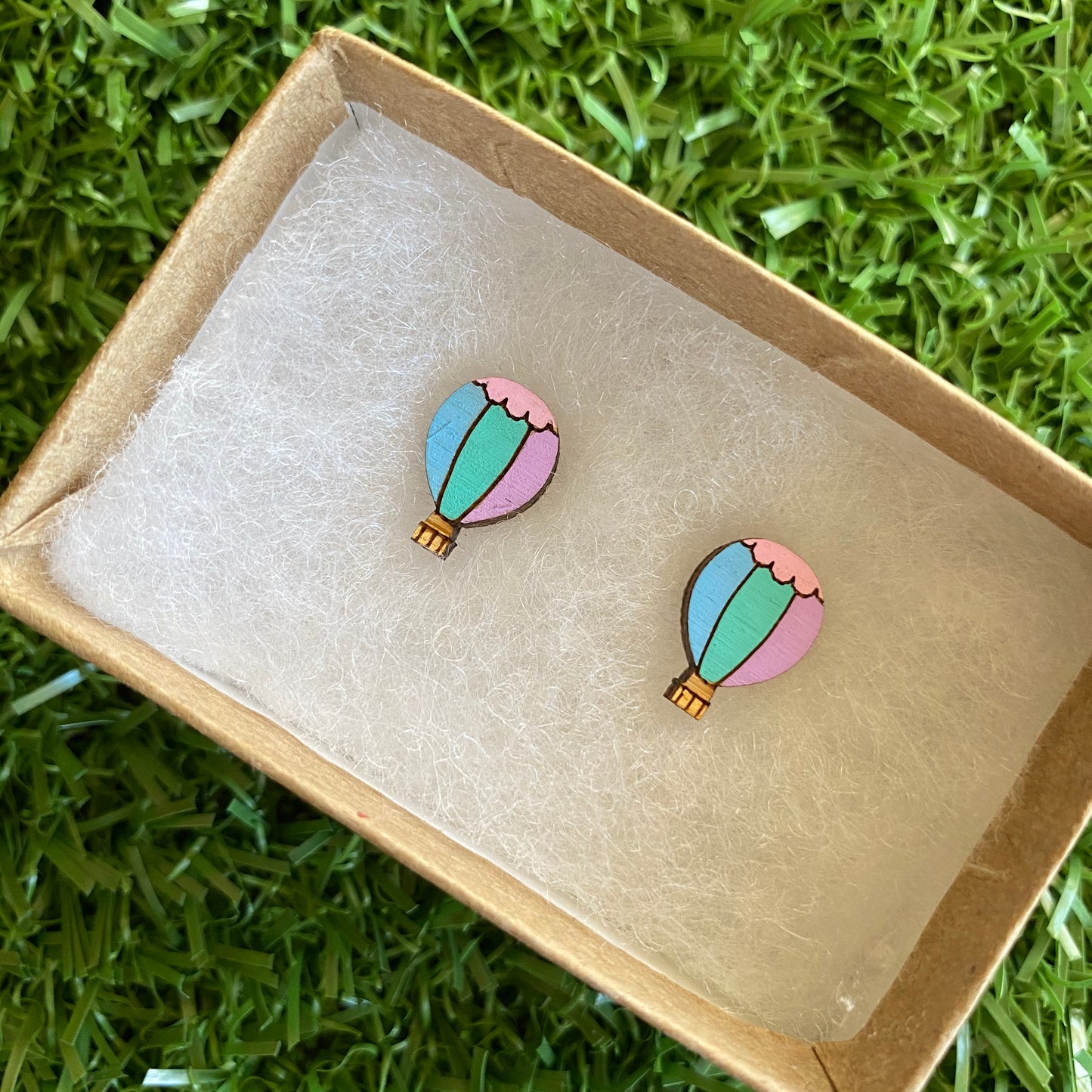 Hot Air Balloon Earrings - Itty Bitty Bamboo Hand Painted Pastel Hot Air Balloon Stud Earrings.