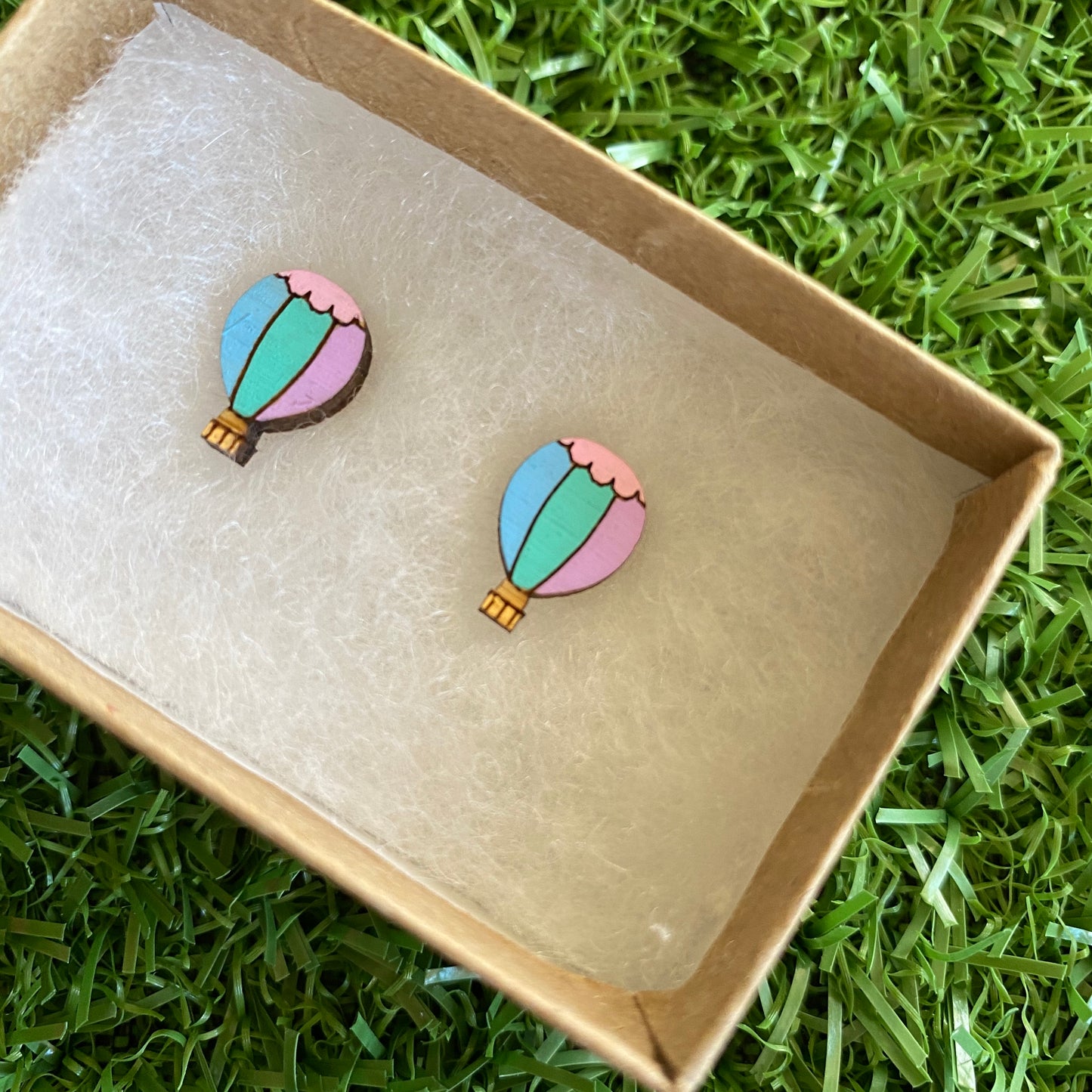 Hot Air Balloon Earrings - Itty Bitty Bamboo Hand Painted Pastel Hot Air Balloon Stud Earrings.