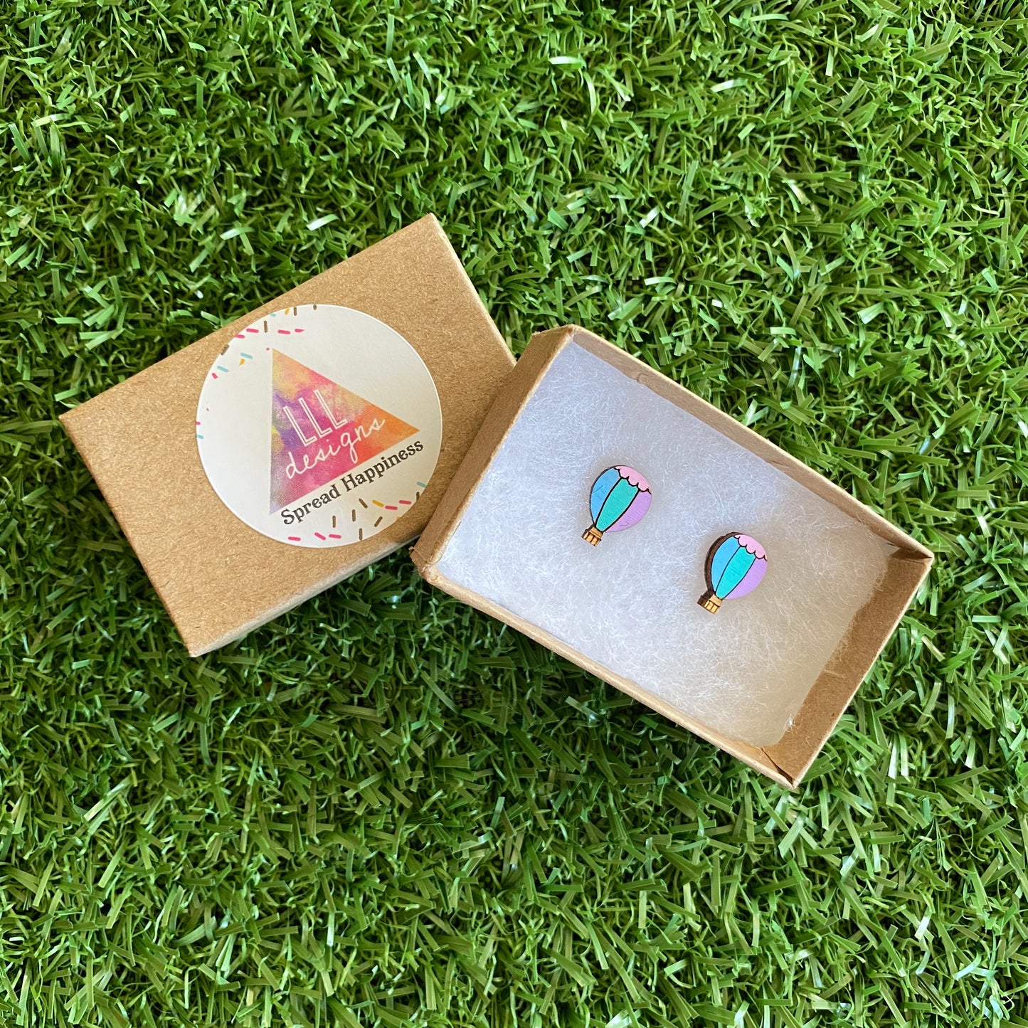 Hot Air Balloon Earrings - Itty Bitty Bamboo Hand Painted Pastel Hot Air Balloon Stud Earrings.