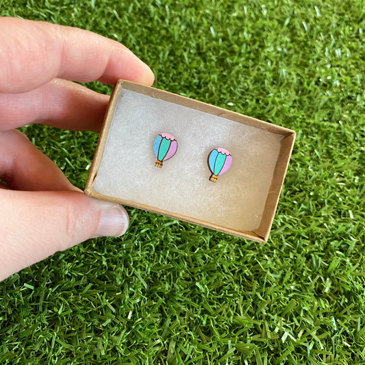 Hot Air Balloon Earrings - Itty Bitty Bamboo Hand Painted Pastel Hot Air Balloon Stud Earrings.