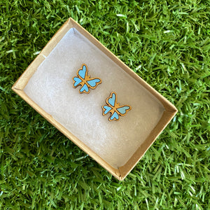 Butterfly Earrings - Itty Bitty Hand Painted Bamboo Butterfly Stud Earrings - In Baby Blue.