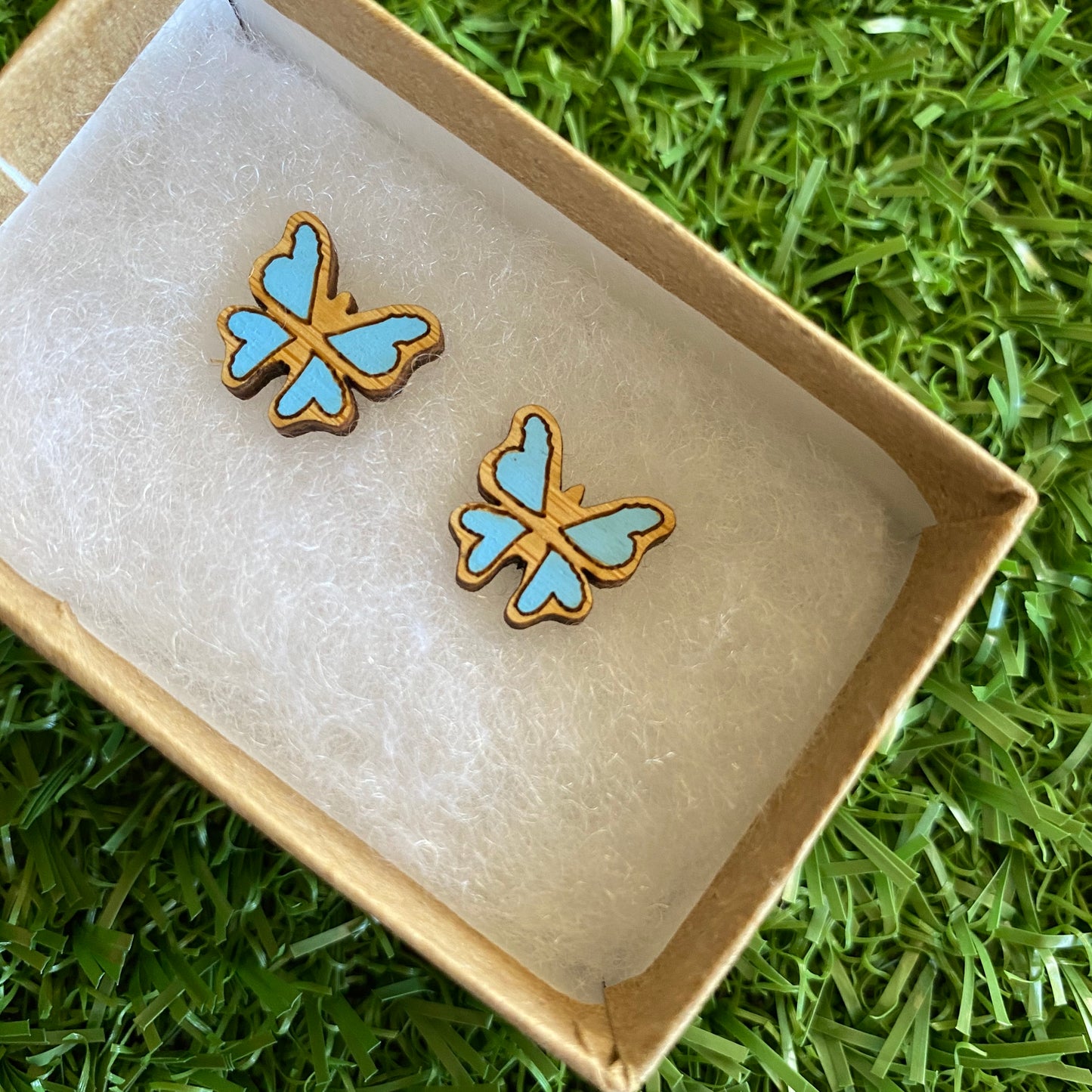 Butterfly Earrings - Itty Bitty Hand Painted Bamboo Butterfly Stud Earrings - In Baby Blue.