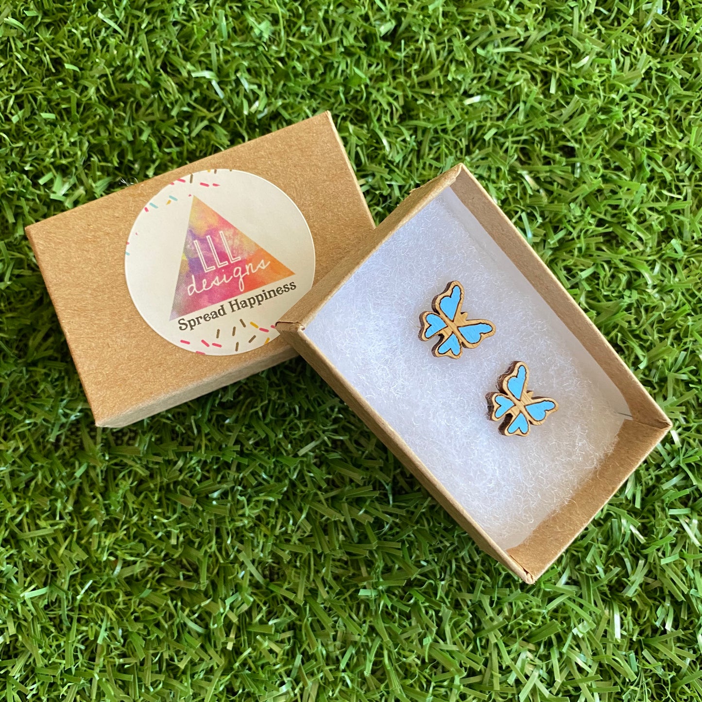 Butterfly Earrings - Itty Bitty Hand Painted Bamboo Butterfly Stud Earrings - In Baby Blue.