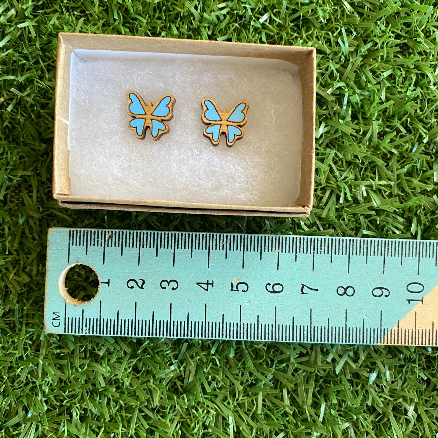 Butterfly Earrings - Itty Bitty Hand Painted Bamboo Butterfly Stud Earrings - In Baby Blue.