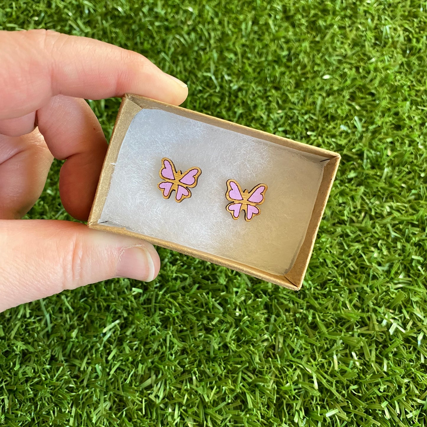 Butterfly Earrings - Itty Bitty Hand Painted Bamboo Butterfly Stud Earrings - In Lavender.