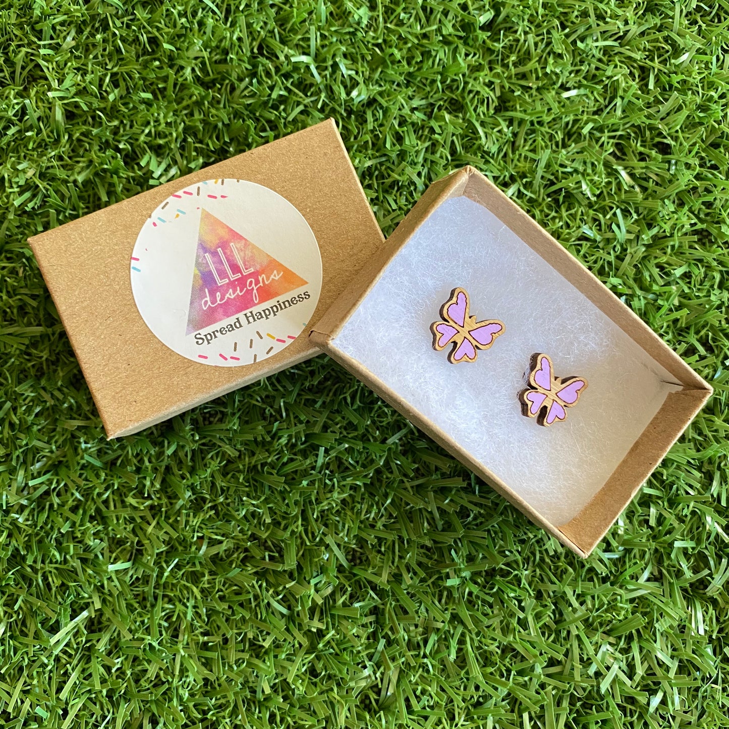 Butterfly Earrings - Itty Bitty Hand Painted Bamboo Butterfly Stud Earrings - In Lavender.