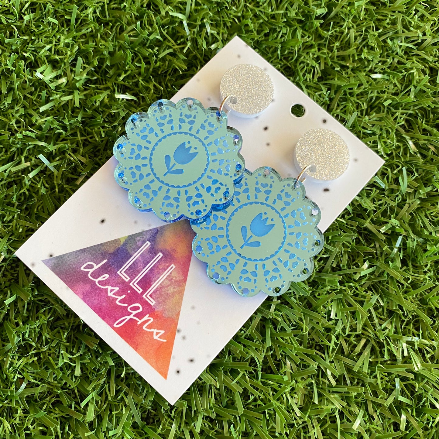 Doily Earrings - Soft and Delicate Baby Blue Doliy Design Dangle Earrings - Finished with Silver Glitter Tops.