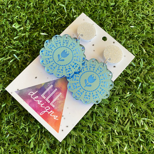 Doily Earrings - Soft and Delicate Baby Blue Doliy Design Dangle Earrings - Finished with Silver Glitter Tops.