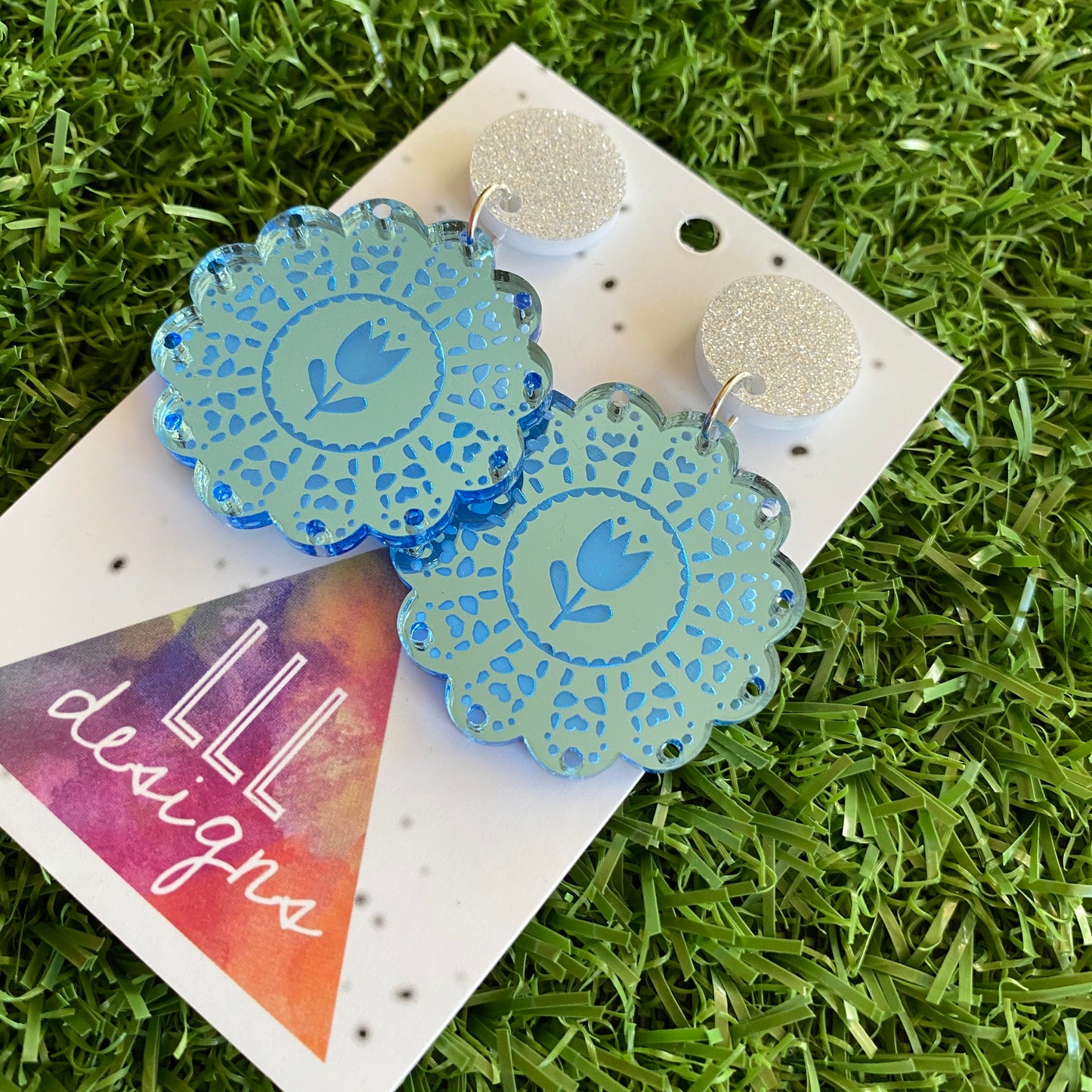 Doily Earrings - Soft and Delicate Baby Blue Doliy Design Dangle Earrings - Finished with Silver Glitter Tops.