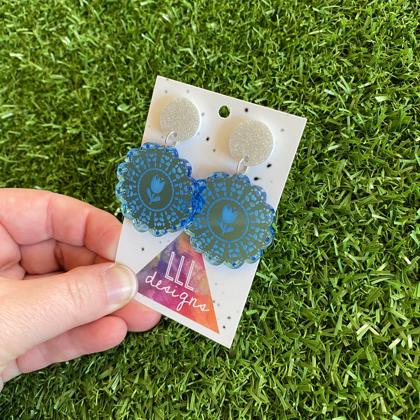 Doily Earrings - Soft and Delicate Baby Blue Doliy Design Dangle Earrings - Finished with Silver Glitter Tops.