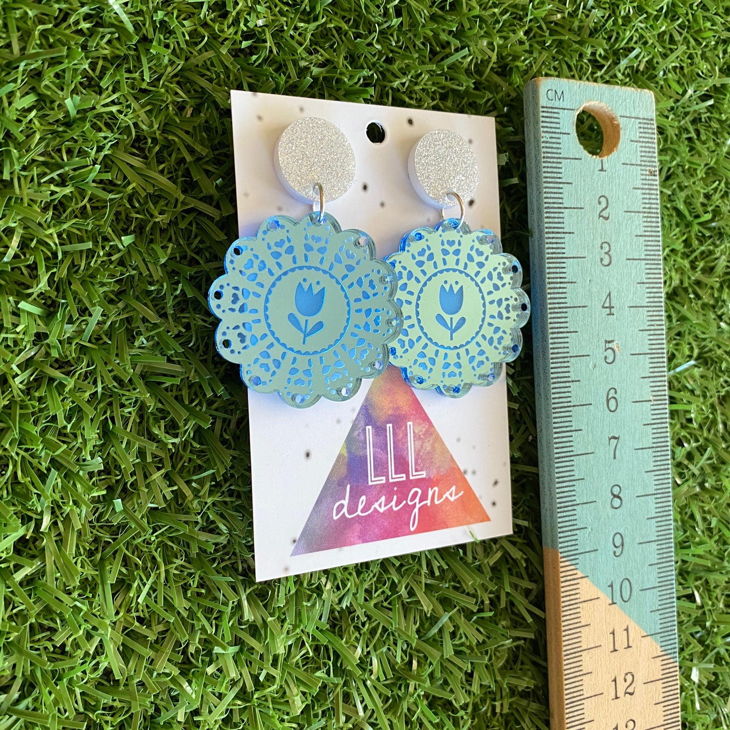 Doily Earrings - Soft and Delicate Baby Blue Doliy Design Dangle Earrings - Finished with Silver Glitter Tops.