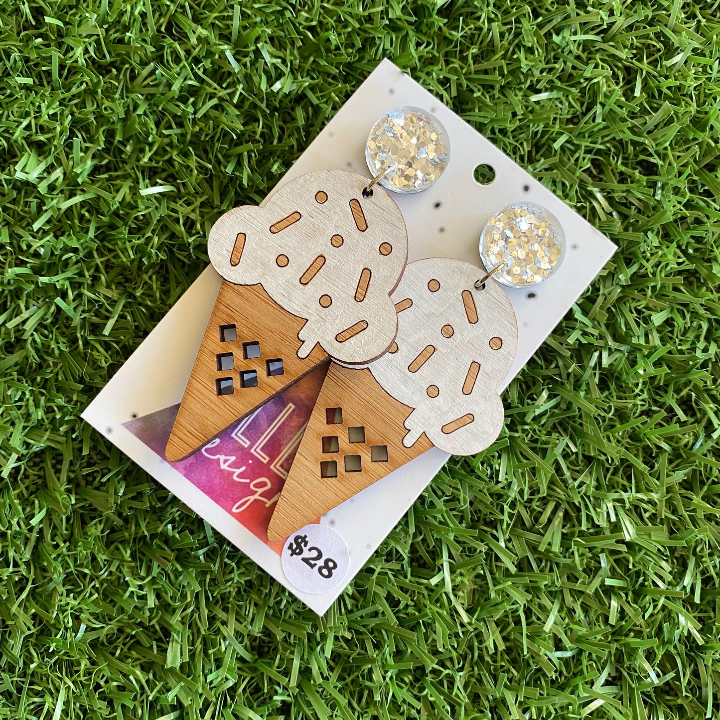 Ice Cream Earrings - Hand Painted Bamboo - Vanilla Ice Cream Cone Dangle Earrings. Finished with Mega Glitz Silver Tops to make them POP!