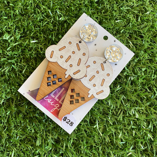 Ice Cream Earrings - Hand Painted Bamboo - Vanilla Ice Cream Cone Dangle Earrings. Finished with Mega Glitz Silver Tops to make them POP!