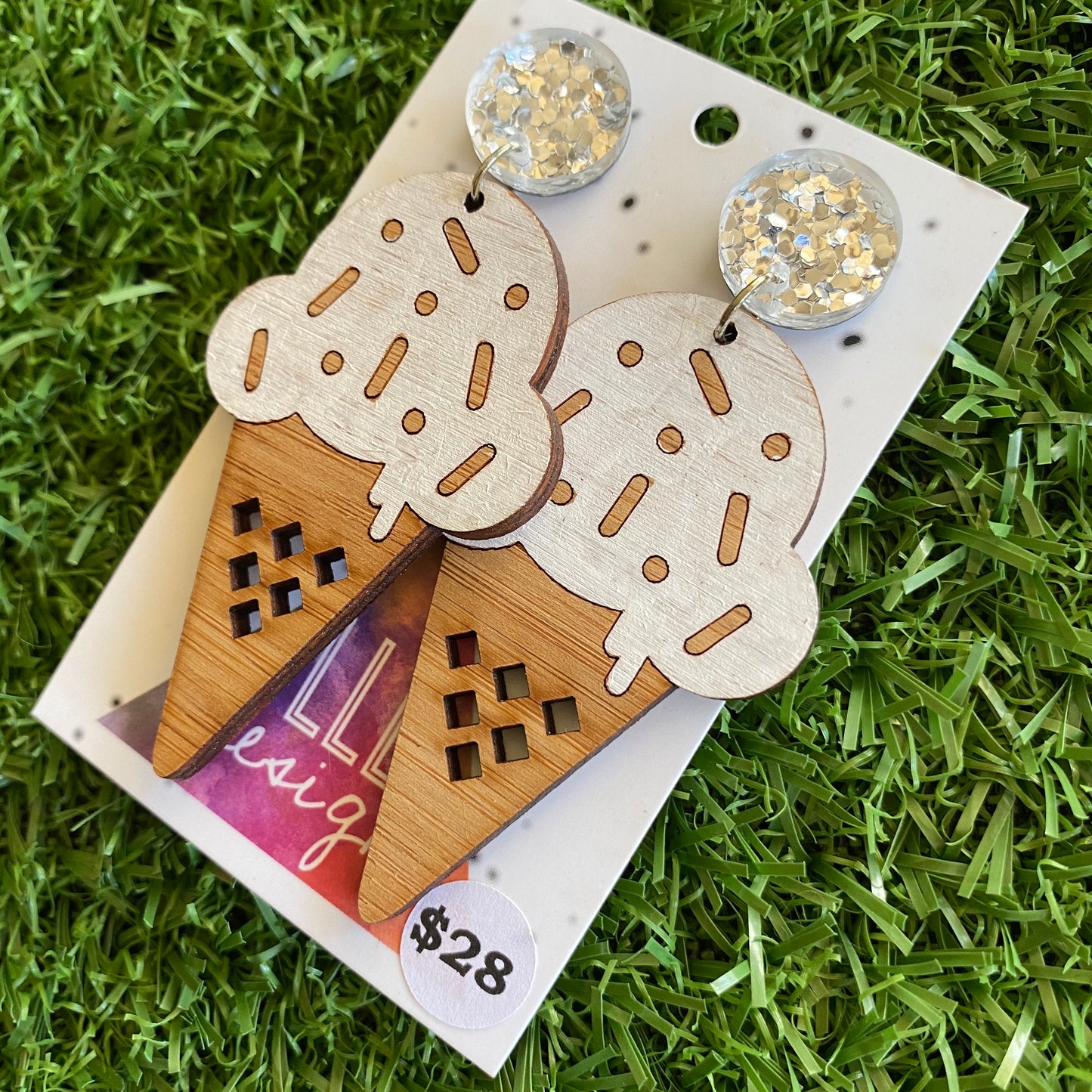 Ice Cream Earrings - Hand Painted Bamboo - Vanilla Ice Cream Cone Dangle Earrings. Finished with Mega Glitz Silver Tops to make them POP!