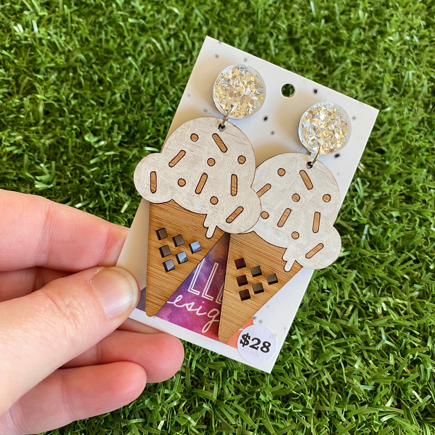 Ice Cream Earrings - Hand Painted Bamboo - Vanilla Ice Cream Cone Dangle Earrings. Finished with Mega Glitz Silver Tops to make them POP!