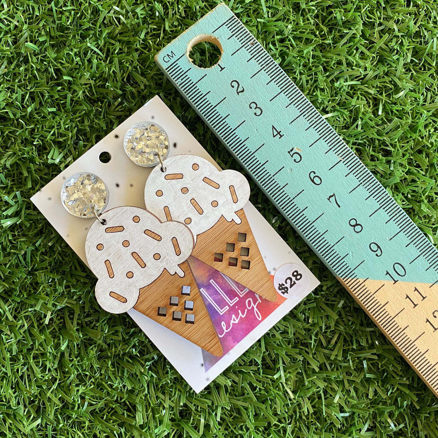 Ice Cream Earrings - Hand Painted Bamboo - Vanilla Ice Cream Cone Dangle Earrings. Finished with Mega Glitz Silver Tops to make them POP!