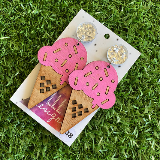 Ice Cream Earrings - Hand Painted Bamboo - Strawberry Ice Cream Cone Dangle Earrings. Finished with Mega Glitz Silver Tops to make them POP!